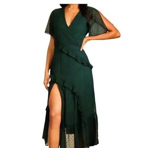 NEW Lulu's Made with Love Sz L Swiss Dot Ruffled Midi Dress Green Cocktail Party
